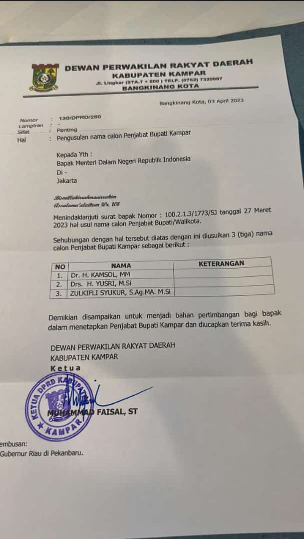 Sikapi Surat Rekom DPRD Kampar, Naufal Sebut Pj. Kamsol Layak Lanjutkan Misi